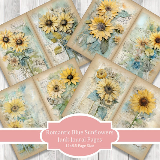 Romantic Blue Sunflowers - Journal Paper, Junk Journal Pages, Flower Junk Journal Paper, Printable Journal, Scrapbook Paper, Digital Paper