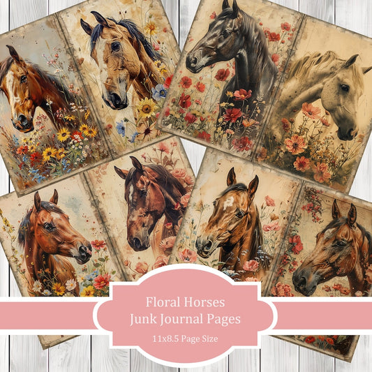 Floral Horses Journal Paper Set, Junk Journal Pages, Flower Junk Journal Paper, Printable Journal, Scrapbook Paper, Digital Paper