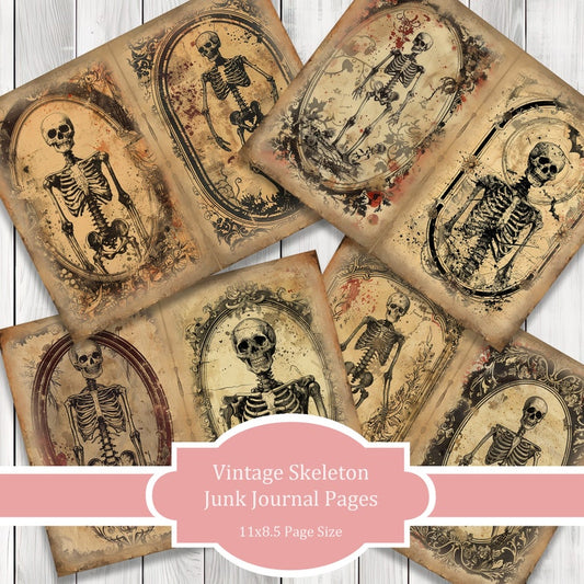 Vintage Skeleton Journal Paper Set, Junk Journal Pages, Flower Junk Journal Paper, Printable Journal, Scrapbook Paper, Digital Paper