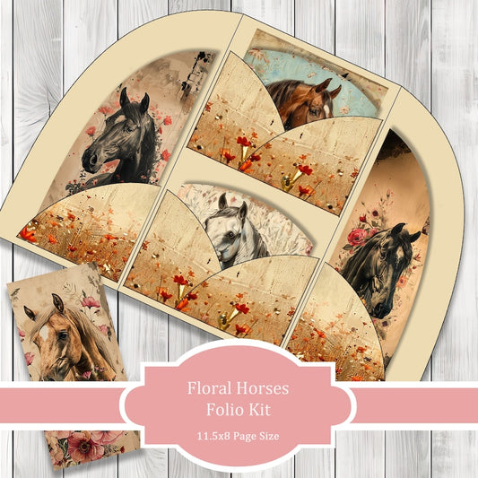 Floral Horses Folio Kit - Journal Paper Set, Junk Journal Pages, Junk Journal Folio, Printable Journal, Scrapbook Paper