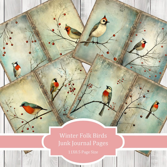 Winter Folk Birds- Journal Paper Set, Junk Journal Pages, Flower Junk Journal Paper, Printable, Scrapbook Paper, Digital Paper