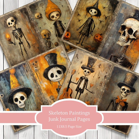 Skeleton Paintings Journal Paper Set, Junk Journal Pages, Flower Junk Journal Paper, Printable Journal, Scrapbook Paper, Digital Paper