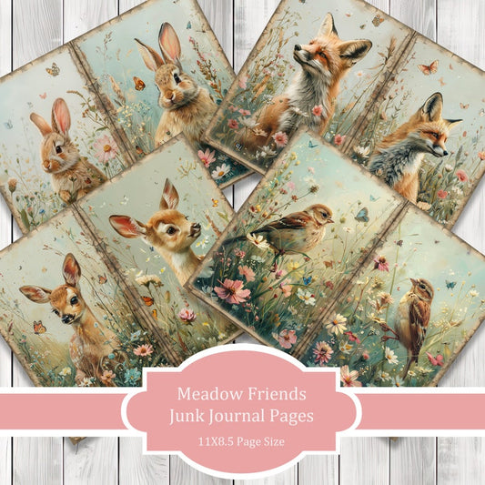 Meadow Friends - Journal Paper Set, Junk Journal Pages, Flower Junk Journal Paper, Printable Journal, Scrapbook Paper, Digital Paper