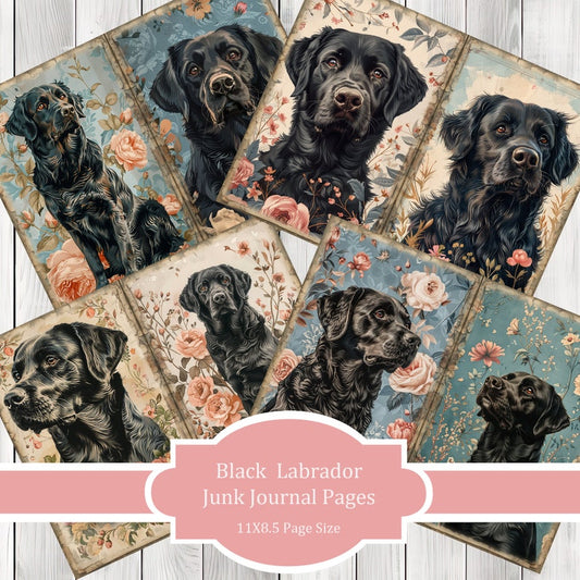 Black Labrador Journal Paper Set, Junk Journal Pages, Flower Junk Journal Paper, Printable Journal, Scrapbook Paper, Digital Paper