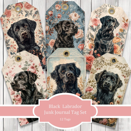 Black Labrador Tags - Collage Scrapbook - Patchwork Tags - Ephemera Labels - Junk Journal Images Clip Art - Fussy Cut - Dog Junk Journal