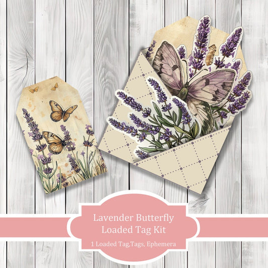 Vintage Lavender Butterfly Loaded Tag Kit - Loaded Tags | Ephemera Labels | Paper Craft | Junk Journal Images Clip Art | Fussy Cut