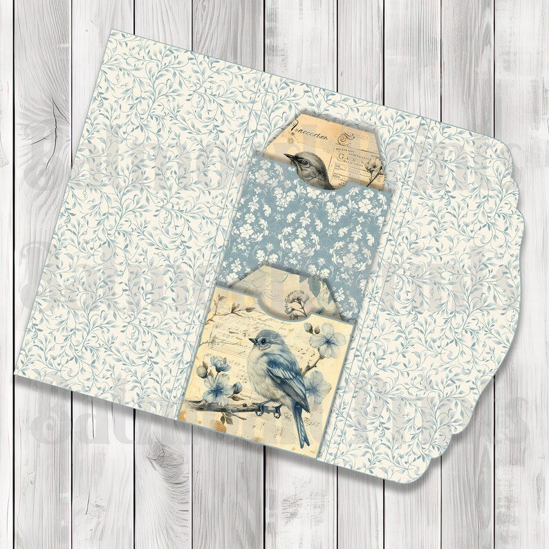 Vintage Birds Fold Out Folio Kit - Journal Paper Set, Junk Journal Folio, Printable Journal, Scrapbook Paper, Vintage Birds