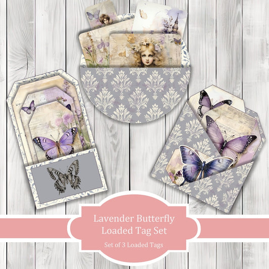 Lavender Butterfly Loaded Tag Kit - Purple - Loaded Tags | Ephemera Labels | Paper Craft | Junk Journal Images Clip Art | Fussy Cut