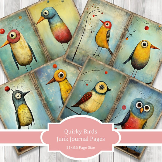 Quirky Birds - Journal Paper Set, Junk Journal Pages, Flower Junk Journal Paper, Printable Journal, Scrapbook Paper, Digital Paper