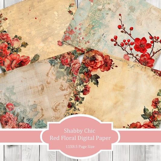 Shabby Chic Red Floral - Journal Paper Set, Junk Journal Pages, Junk Journal Paper, Printable Journal, Scrapbook Paper, Digital Paper