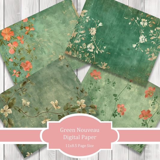 Green Nouveau- Journal Paper Set, Junk Journal Pages, Junk Journal Paper, Printable Journal, Scrapbook Paper, Digital Paper