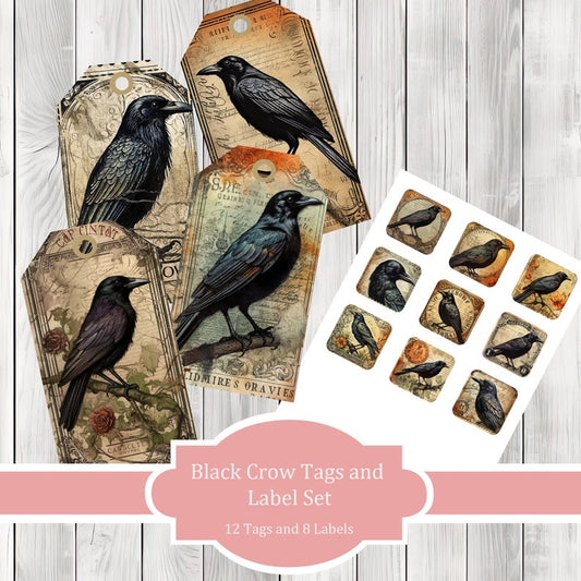 Vintage Crow Tag and Label Set - Collage Scrapbook - Patchwork Tags - Ephemera Labels - Junk Journal Images Clip Art - Fussy Cut
