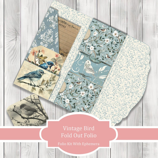 Vintage Birds Fold Out Folio Kit - Journal Paper Set, Junk Journal Folio, Printable Journal, Scrapbook Paper, Vintage Birds
