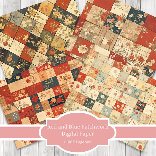Red and Blue Patchwork - Journal Paper Set, Junk Journal Pages, Junk Journal Paper, Printable Journal, Scrapbook Paper, Digital Paper