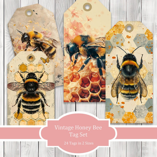 Vintage Honey Bee Tags - Collage Scrapbook - Patchwork Tags - Ephemera Labels - Junk Journal Images Clip Art - Fussy Cut