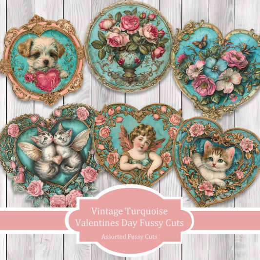 Vintage Turquoise Valentines Fussy Cuts - Junk Journal , Printable Journal, Journal Tags, Junk Journal Ephemera, Digital Vintage Images