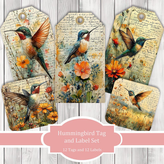 Vintage Hummingbird Tag and Label Set - Collage Scrapbook - Patchwork Tags - Ephemera Labels - Junk Journal Images Clip Art - Fussy Cut