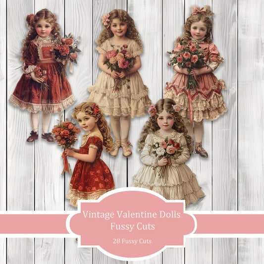 Vintage Valentine Dolls Fussy Cut Set - Junk Journal , Printable Journal, Junk Journal Tags, Junk Journal Ephemera