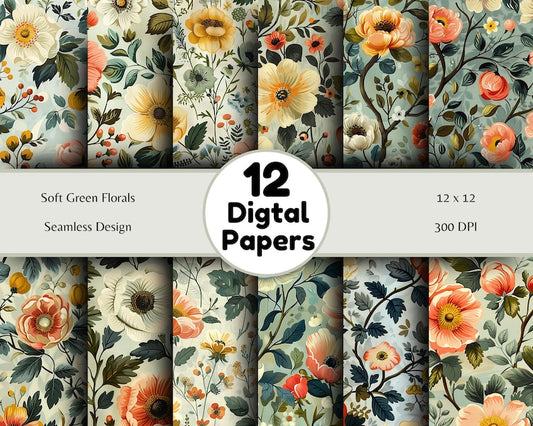 Soft Green Florals - Seamless Pattern - Digital Paper - Printable Journal, Scrapbook Paper, Seamless