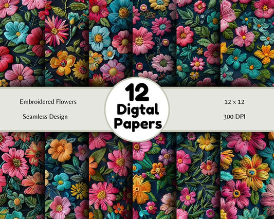 Embroidered Flowers - Seamless Pattern - Digital Paper - Printable Journal, Scrapbook Paper, Seamless