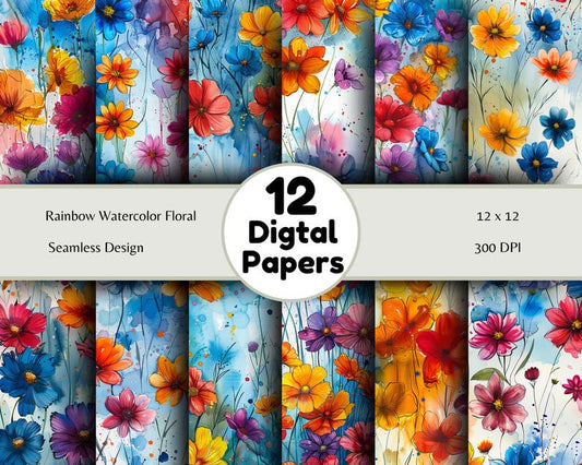 Rainbow Watercolor Florals - Seamless Pattern - Digital Paper - Printable Journal, Scrapbook Paper, Seamless