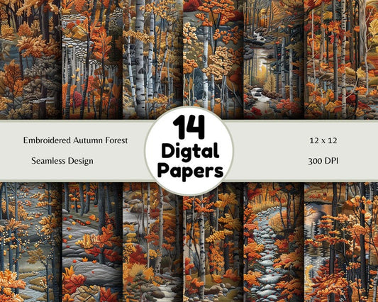 Embroidered Autumn Forest - Seamless Pattern - Digital Paper - Printable Journal, Scrapbook Paper, Seamless