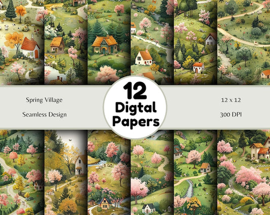 Spring Village - Seamless Pattern - Digital Paper - Printable Journal, Scrapbook Paper, Seamless