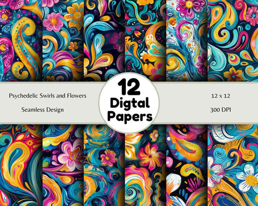 Psychedelic Swirls and Flowers - Seamless Pattern - Digital Paper - Printable Journal, Scrapbook Paper, Seamless