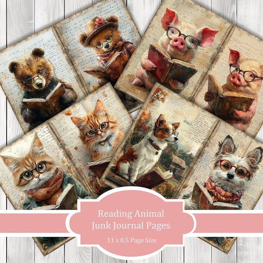 Reading Animals - Journal Paper Set, Junk Journal Pages, Flower Junk Journal Paper, Printable Journal, Scrapbook Paper, Digital Paper