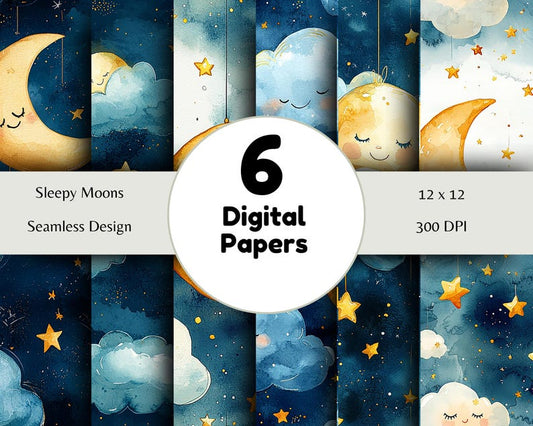 Sleepy Moons - Seamless Pattern - Digital Paper - Printable Journal, Scrapbook Paper, Seamless