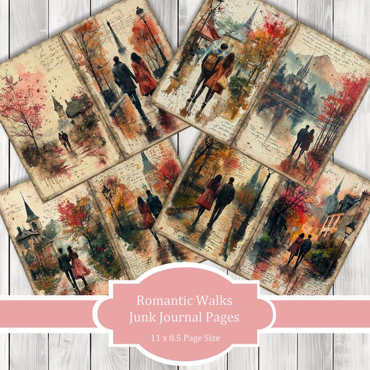 Romantic Walks - Journal Paper Set, Junk Journal Pages, Flower Junk Journal Paper, Printable Journal, Scrapbook Paper, Digital Paper