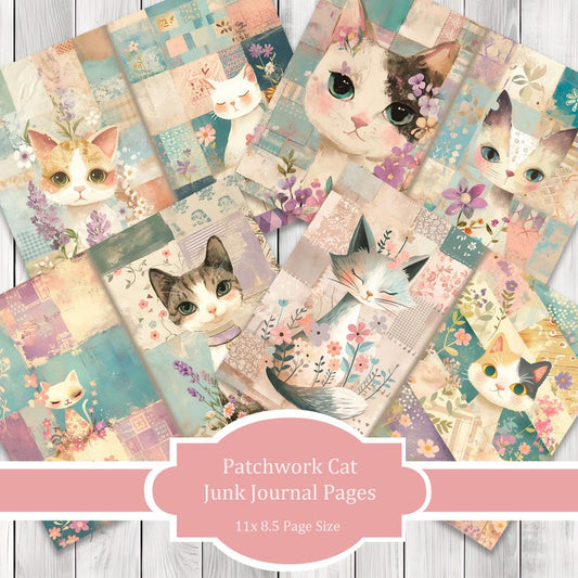 Patchwork Cats - Journal Paper Set, Junk Journal Pages, Flower, Journal Paper, Printable Journal, Scrapbook Paper, Digital Paper