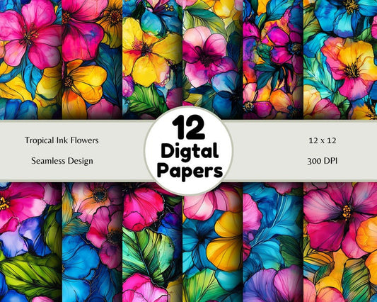 Tropical Ink Flowers - Seamless Pattern - Digital Paper - Printable Journal, Scrapbook Paper, Seamless