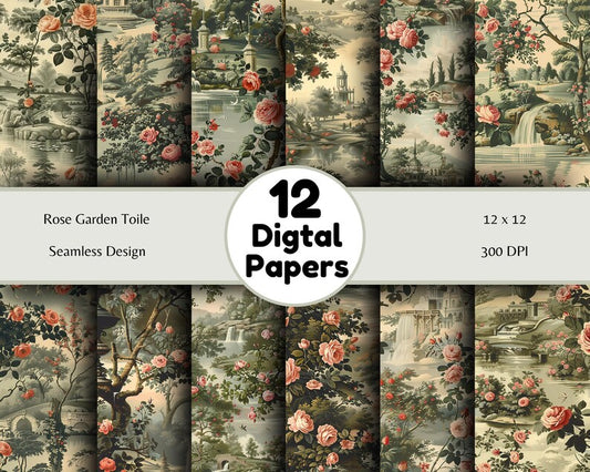 Rose Garden Toile - Seamless Pattern - Digital Paper - Printable Journal, Scrapbook Paper, Seamless