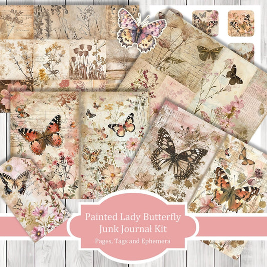 Painted Lady Butterfly - Junk Journal Kit, Journal Pages, Papers, Ephemera, Tags, Printable, Scrapbook Kit, Digital Download