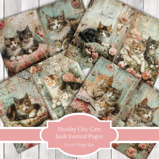 Shabby Chic Cats - Journal Paper Set, Junk Journal Pages, Flower, Journal Paper, Printable Journal, Scrapbook Paper, Digital Paper