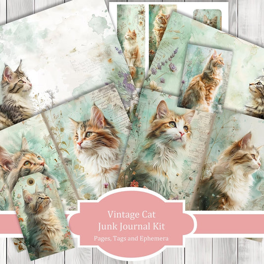 Vintage Cats - Junk Journal Kit, Journal Pages, Papers, Ephemera, Tags, Printable, Scrapbook Kit, Digital Download