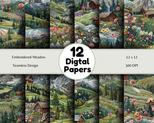 Embroidered Meadow - Seamless Pattern - Digital Paper - Printable Journal, Scrapbook Paper, Seamless