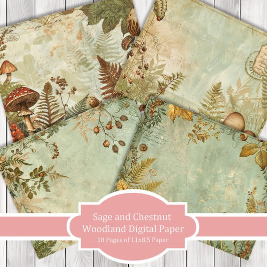 Sage and Chestnut Woodland - Journal Paper Set, Junk Journal Pages, Junk Journal Paper, Printable Journal, Scrapbook Paper, Digital Paper