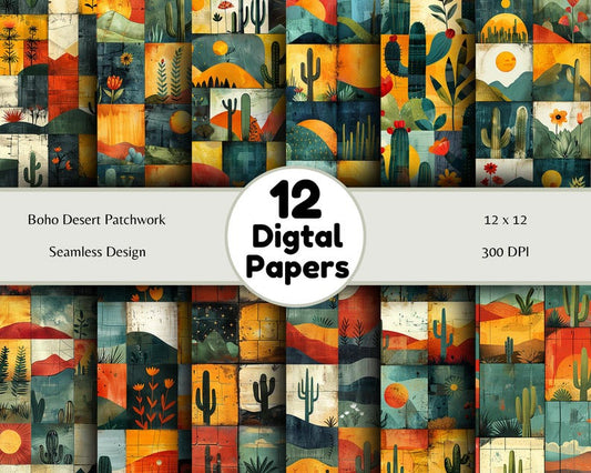 Boho Desert Patchwork - Seamless Pattern - Digital Paper - Printable Journal, Scrapbook Paper, Seamless
