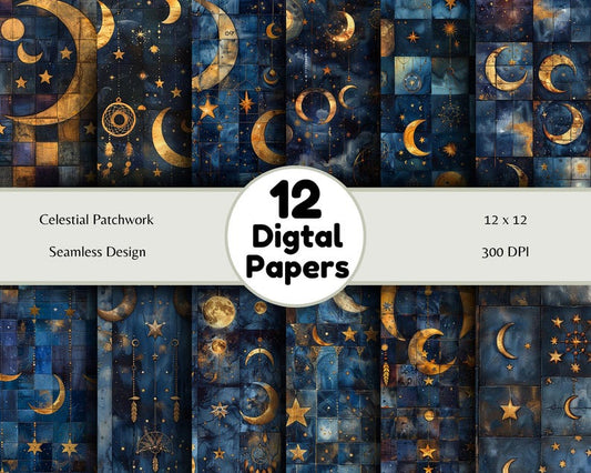 Celestial Patchwork - Seamless Pattern - Digital Paper - Printable Journal, Scrapbook Paper, Seamless