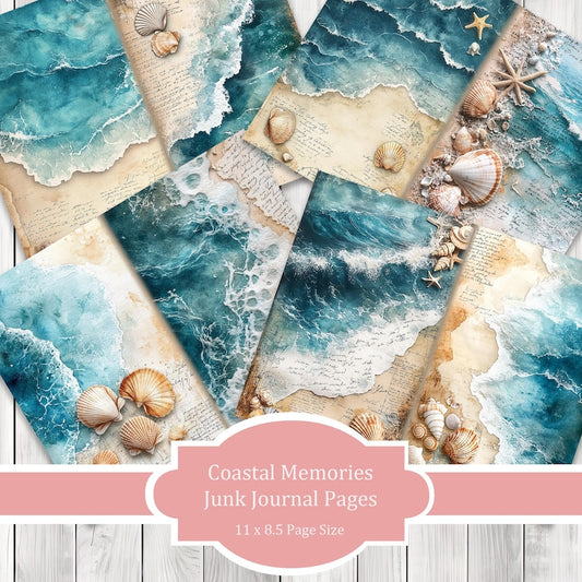 Coastal Memories Journal Paper Set, Junk Journal Pages, Beach Junk Journal Paper, Printable Journal, Scrapbook Paper, Digital Paper