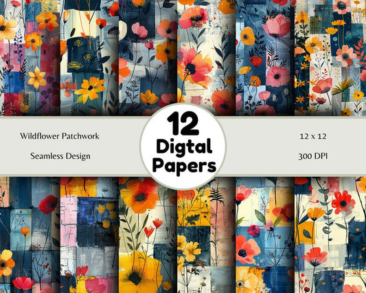 Wildflower Patchwork - Seamless Pattern - Digital Paper - Printable Journal, Scrapbook Paper, Seamless