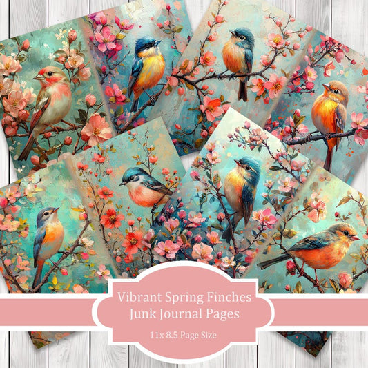 Vibrant Spring Finches - Journal Paper Set, Junk Journal Pages, Flower, Journal Paper, Printable Journal, Scrapbook Paper, Digital Paper