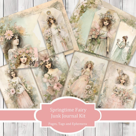 Springtime Fairy - Junk Journal Kit, Journal Pages, Papers, Ephemera, Tags, Printable, Scrapbook Kit, Digital Download