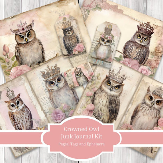 Crowned Owls - Junk Journal Kit, Journal Pages, Papers, Ephemera, Tags, Printable, Scrapbook Kit, Digital Download