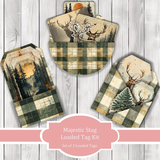 Majestic Stag Loaded Tag Kit - Blue - Loaded Tags | Ephemera Labels | Paper Craft | Junk Journal Images Clip Art | Fussy Cut