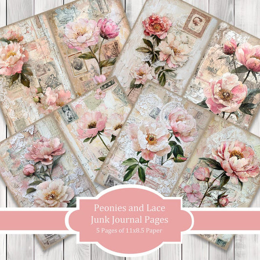 Peonies and Lace - Journal Paper Set, Junk Journal Pages, Flower Journal Paper, Printable Journal, Scrapbook Paper, Digital Paper