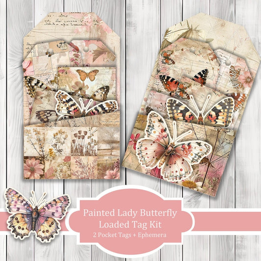 Painted Lady Butterfly Loaded Tag Kit - Loaded Tags | Ephemera Labels | Paper Craft | Junk Journal Images Clip Art | Fussy Cut