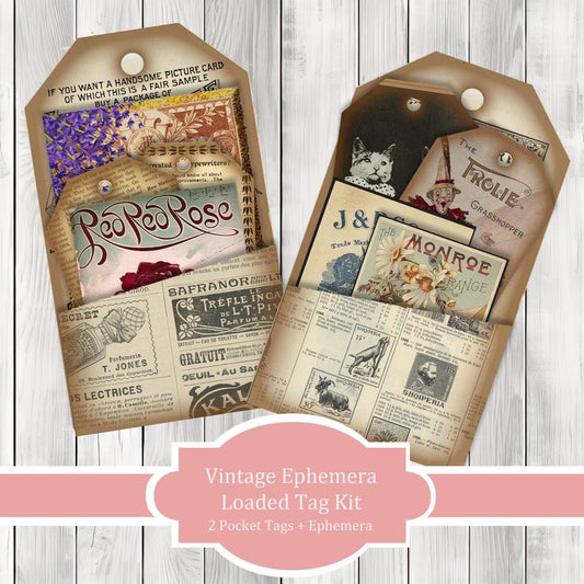 Vintage Ephemera Loaded Tag Kit - Loaded Tags | Ephemera Labels | Paper Craft | Junk Journal Images Clip Art | Fussy Cut